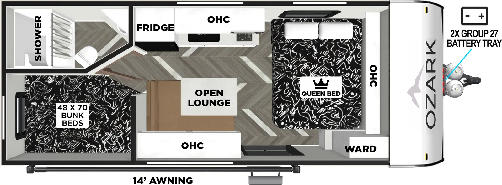 The Ozark 1620DBLE floorplan has one entry and zero slide outs. Exterior features include: metal exterior and 14' awning. Interiors features include: bunk beds and front bedroom.